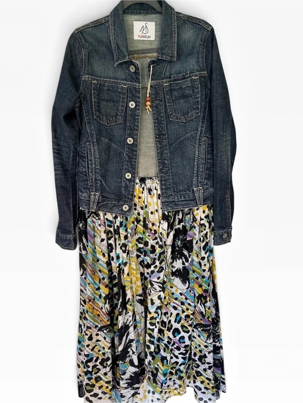 muleshyne Denim Jacket Maxi Dress in Blue & Multicolor Size S/M